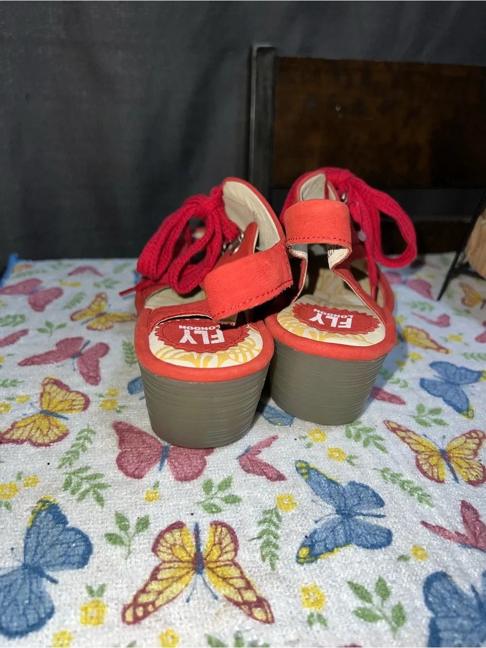 Fly London Ylfa Scarlet Red Leather Lace up Comfort Wedge Sandals Shoes